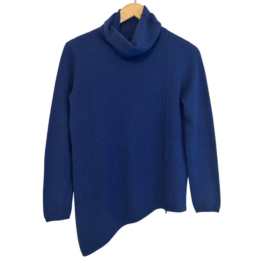 Magaschoni Blue 100% Cashmere Asymmetrical Side Zip Turtleneck Sweater Small